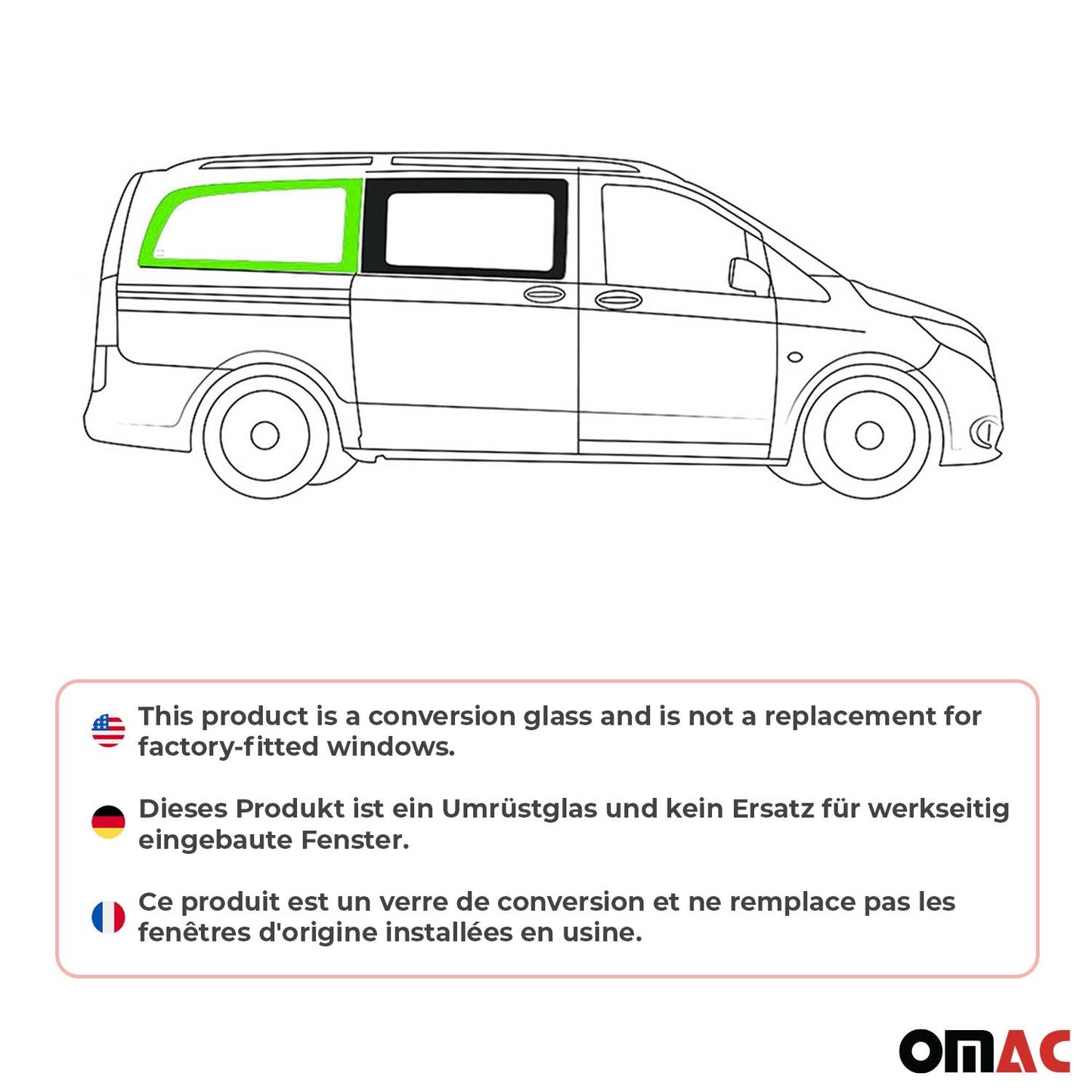 OMAC USA Right Side Rear Window Glass for Cargo Van – Fits 2016–2024 Mercedes Metris L2 MWB – Tempered Black Replacement Auto Glass (1 Pc)