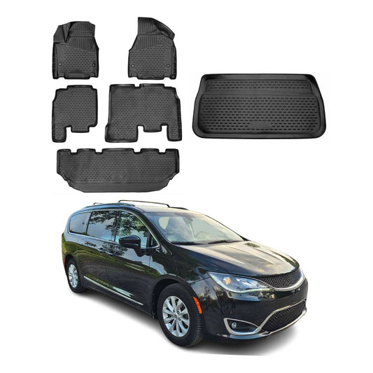 OMAC USA Floor Mats & Cargo Liner Set for Minivan – Fits 2017-2024 Chrysler Pacifica (7-Passenger, Non-Hybrid) – Custom Fit All Weather TPE Rubber, Black (6 Pcs)