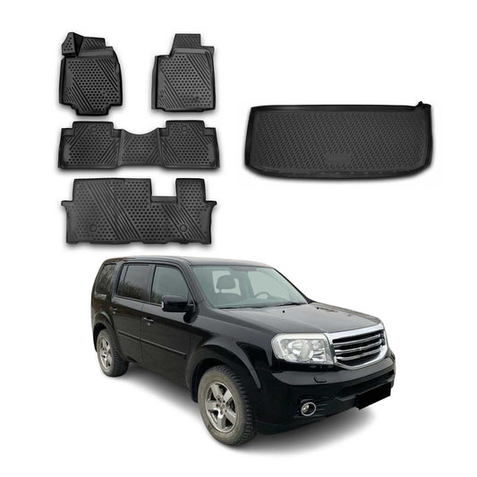 OMAC USA Floor Mats & Cargo Liner Set for SUV – Fits 2009-2015 Honda Pilot – All Weather TPE Rubber, Black (5 Pcs)