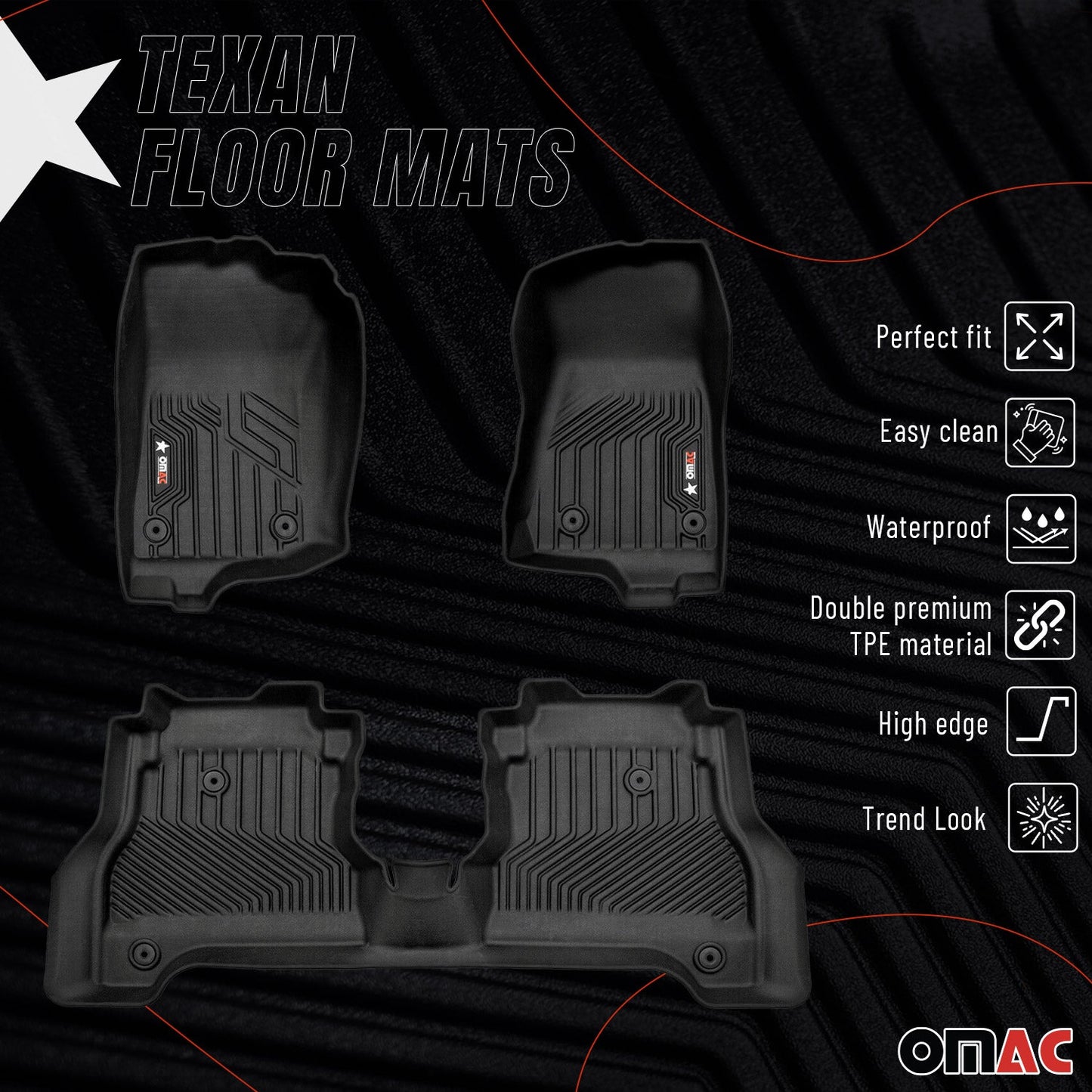OMAC USA Premium Floor Mats Liners for Truck – Fits 2020–2025 Jeep Gladiator – First & Second Row Set All Weather Heavy Duty Black (3 Pcs)