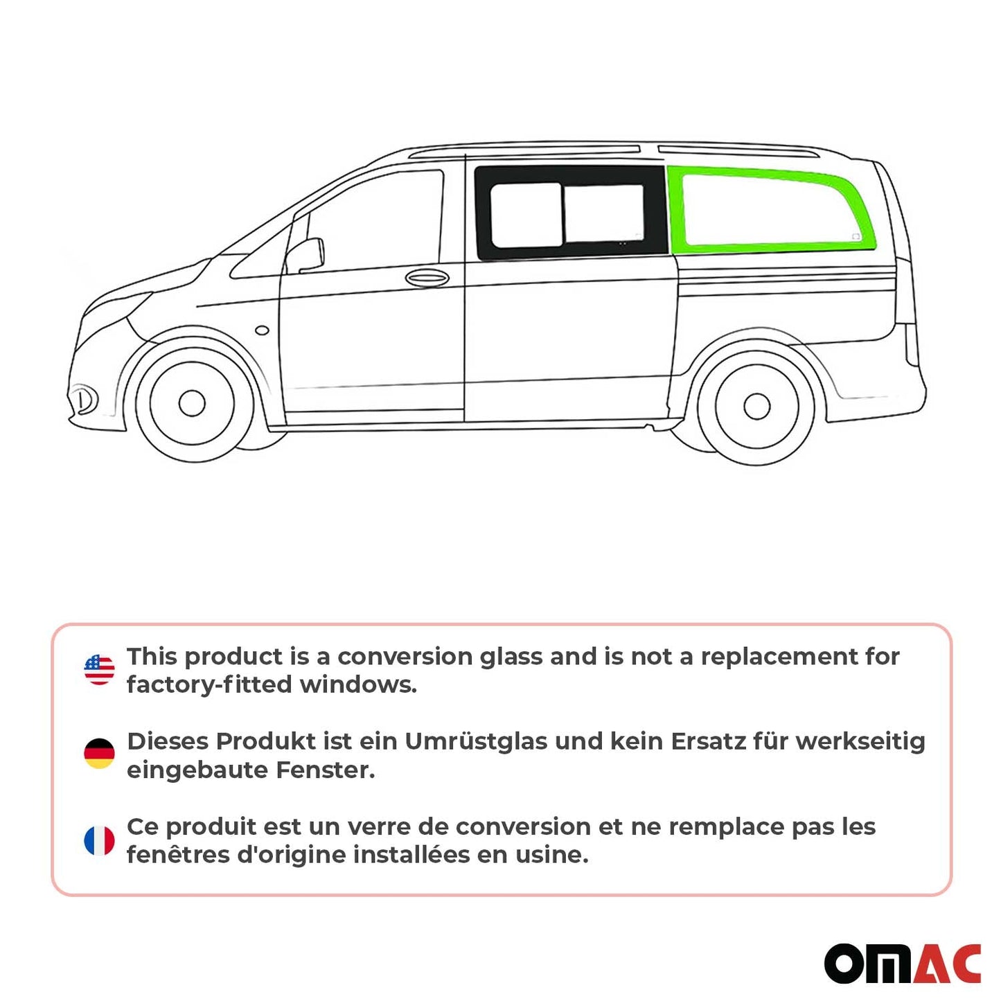 OMAC USA Left Side Rear Window Glass for Cargo Van – Fits 2016–2024 Mercedes Metris L2 MWB – Black Tempered Replacement Auto Glass (1 Pc)