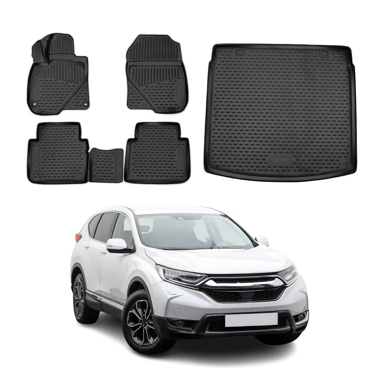 OMAC USA Floor Mats & Cargo Liner Set for SUV – Fits 2017-2022 Honda CR-V – Semi-Custom Fit All Weather TPE Rubber, Black (5 Pcs)