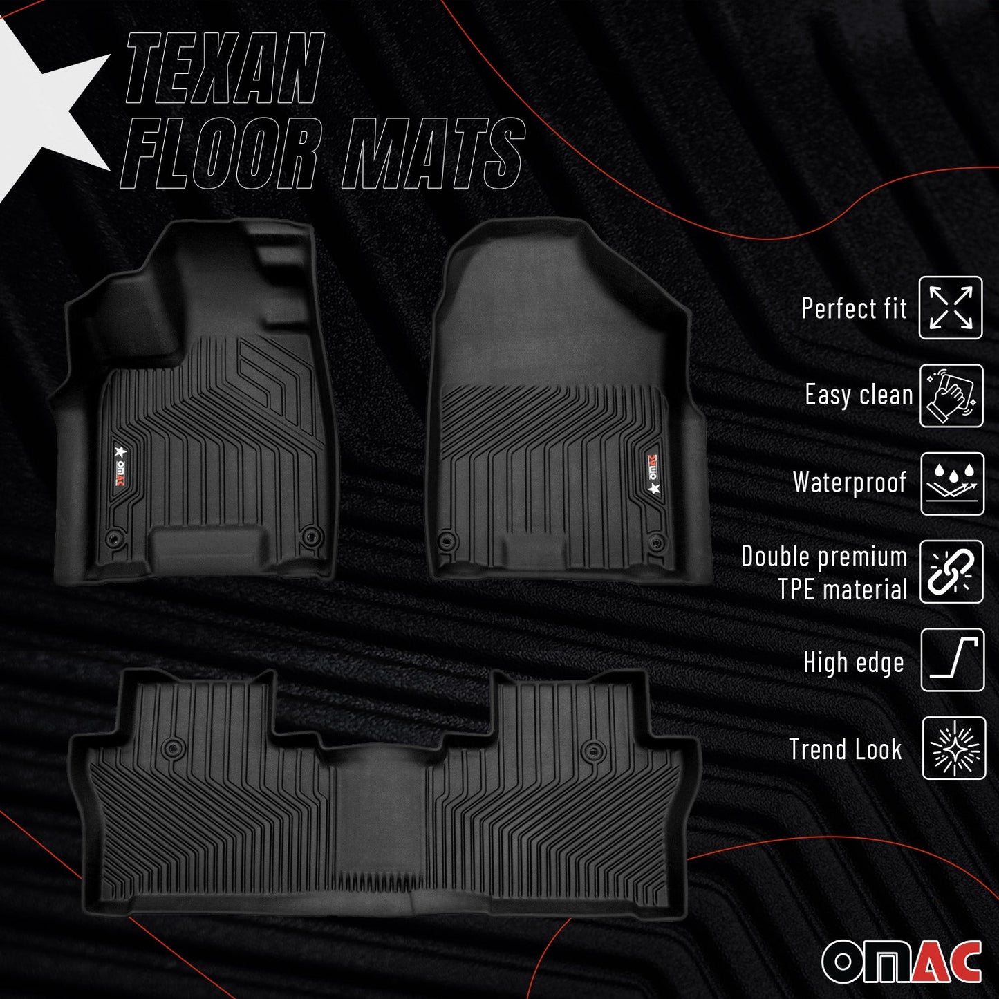OMAC USA Premium Floor Mats Liners for SUV – Fits 2016–2022 Honda Pilot – First & Second Row Set All Weather Heavy Duty Black (3 Pcs)