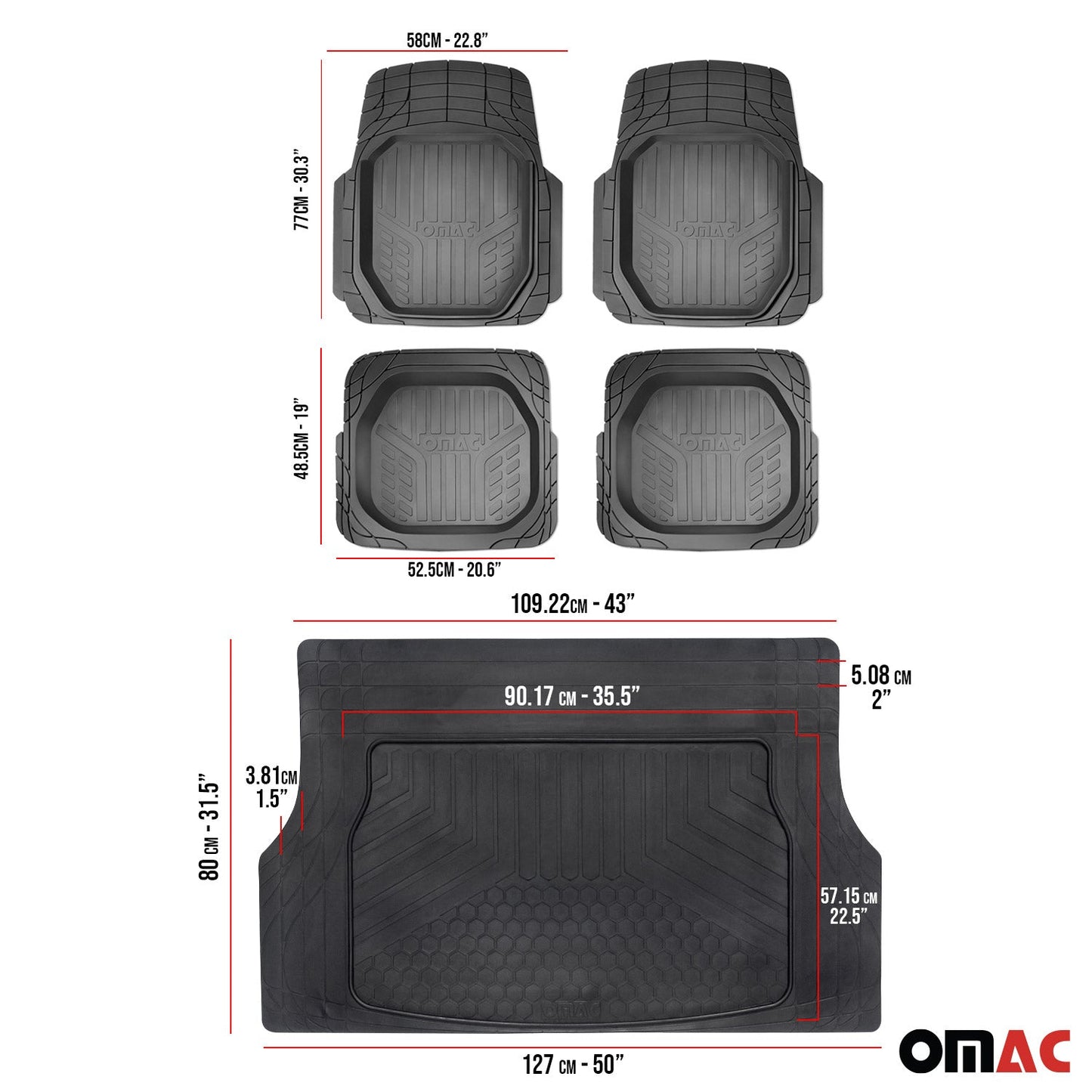 Omac USA Semi-Custom Rubber Floor Mats & Cargo Liner for Cars – Fits with Smart (5 Pcs, All Weather, Black Waterproof)