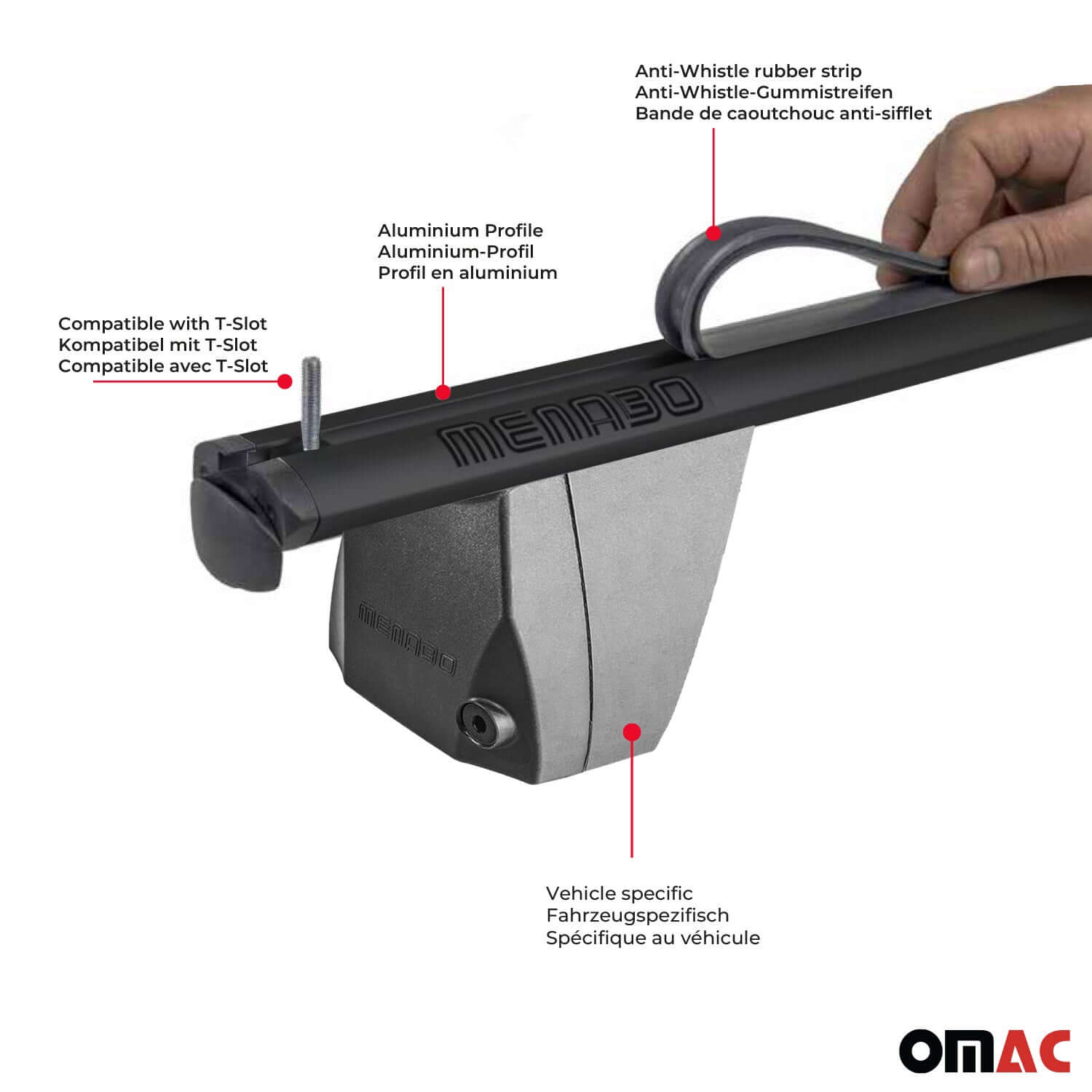 OMAC USA Roof Rack Cross Bars features, compatible with T-Slot, vehicle specific, rubber anti-whistle strip for Mercedes E-Class roof rack cross bars.