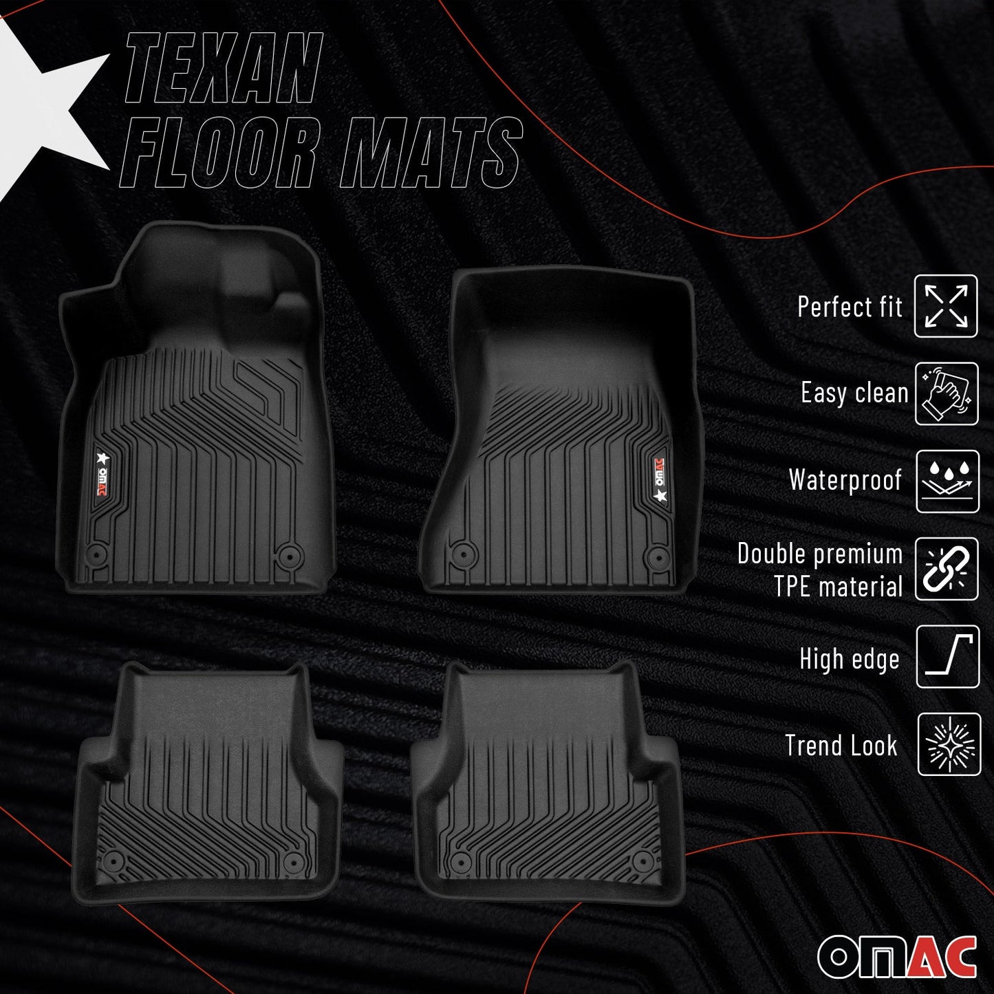 OMAC USA Premium Floor Mats for SUV – First & Second Row – fits with 2012–2018 Audi A6 & S6 – Black (4 Pcs)
