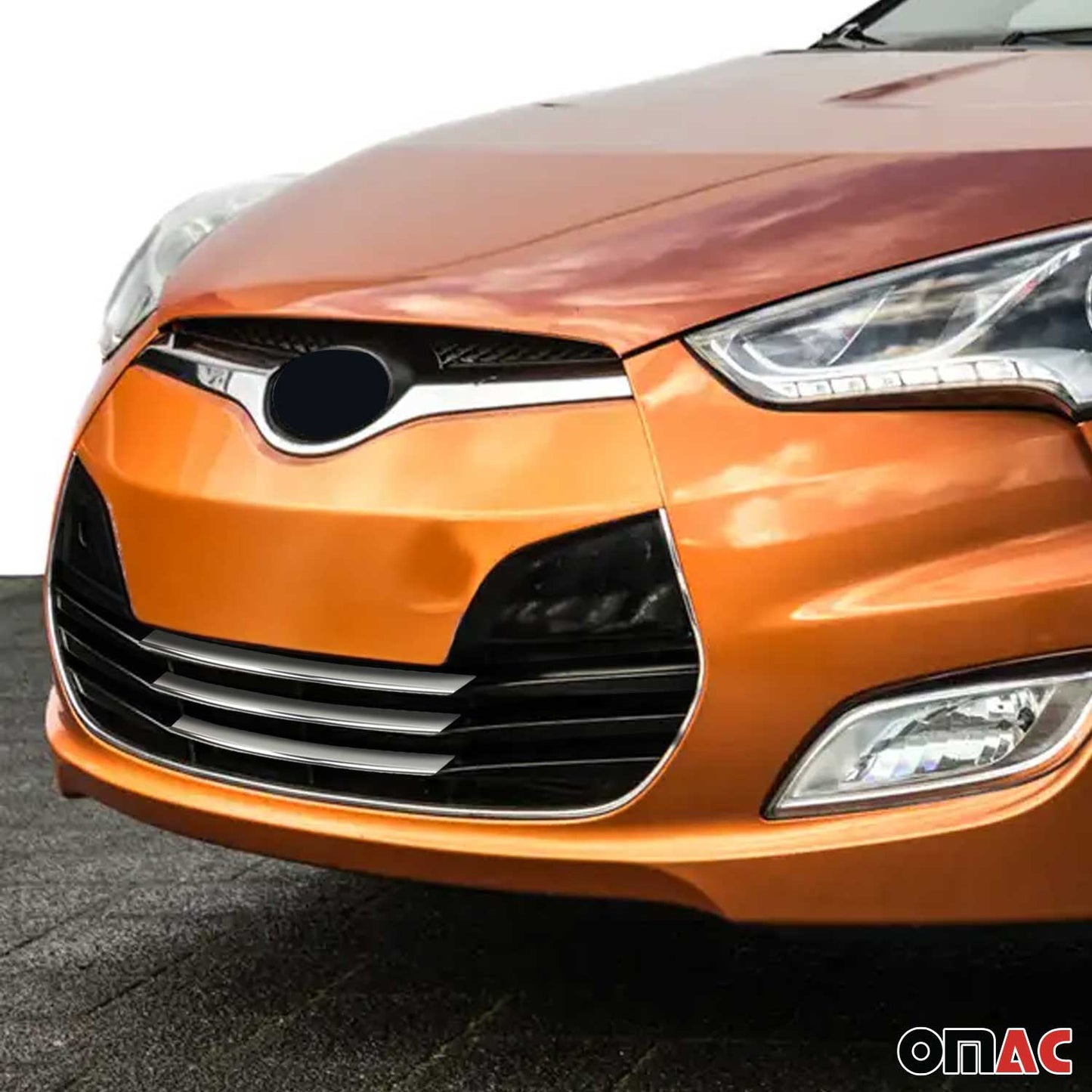 OMAC USA Front Bumper Grill Trim for Hyundai Veloster 2012-2017 (Non-Turbo) – Stainless Steel Chrome Mirror Finish, 3 Pcs