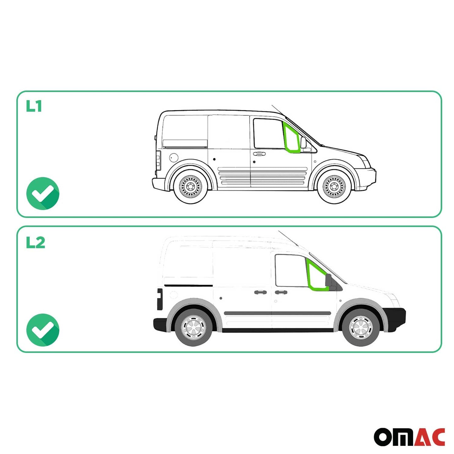 OMAC USA Quarter Window Glass Passenger Side for Vans – Fits 2010–2013 Ford Transit Connect L1/L2 (Green, 1Pc)
