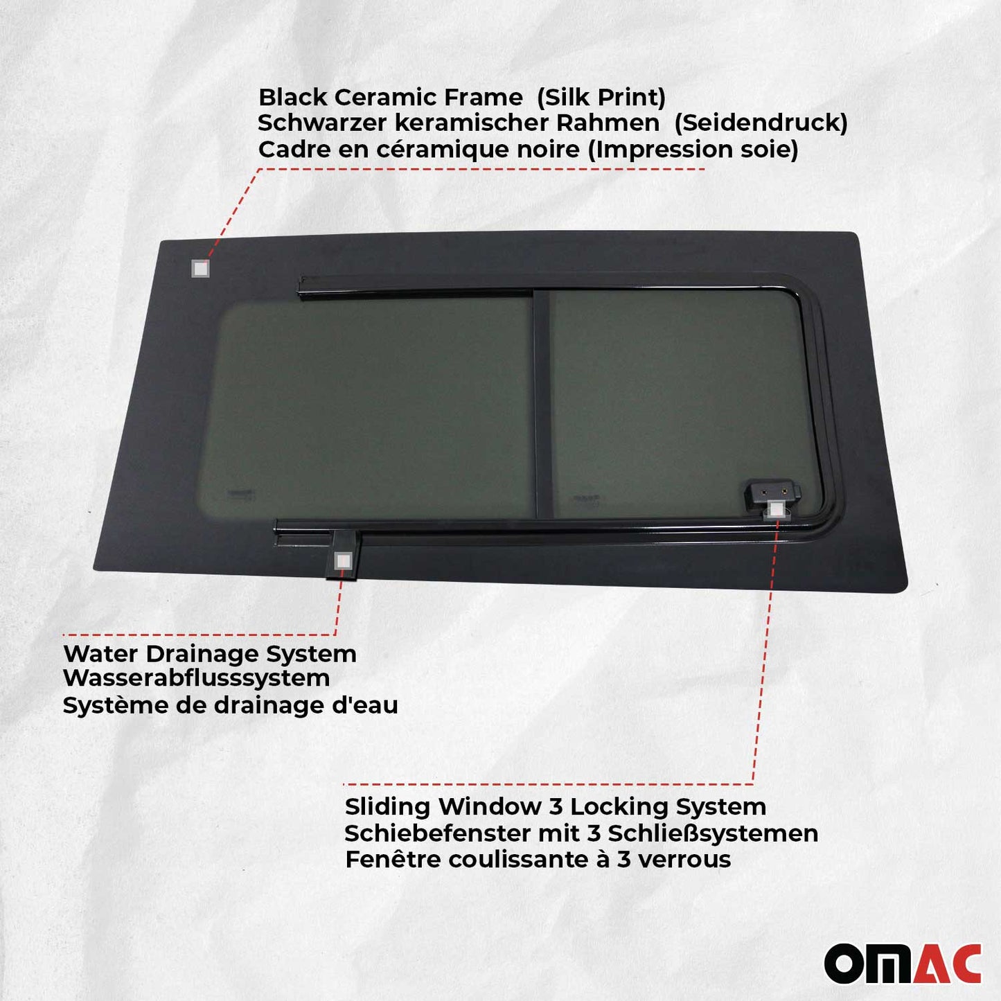 OMAC USA Sliding Window Glass Front Right Side for Vans – Fits 2015–2025 Ford Transit L2 L3 L4 (Tempered, Black, 1Pc)