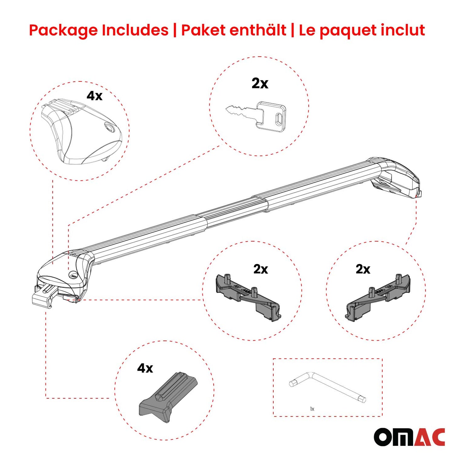 OMAC USA Adjustable Roof Rack Cross Bars Luggage Carrier for Flush Roof Rails (39"-51") – Aluminium Silver (2 Pcs)