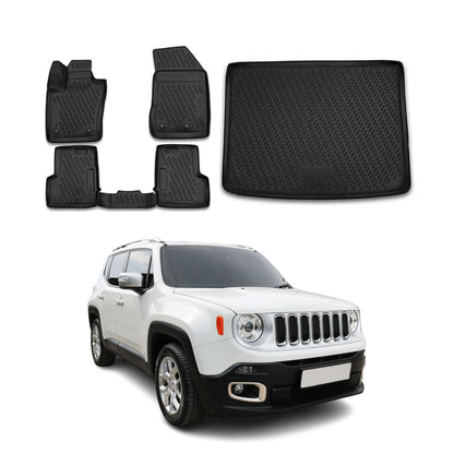 OMAC USA Floor Mats & Cargo Liner Set for SUV – Fits 2015-2023 Jeep Renegade – All Weather TPE Rubber, Black (5 Pcs)