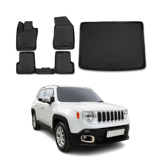 OMAC USA Floor Mats & Cargo Liner Set for SUV – Fits 2015-2023 Jeep Renegade – All Weather TPE Rubber, Black (5 Pcs)