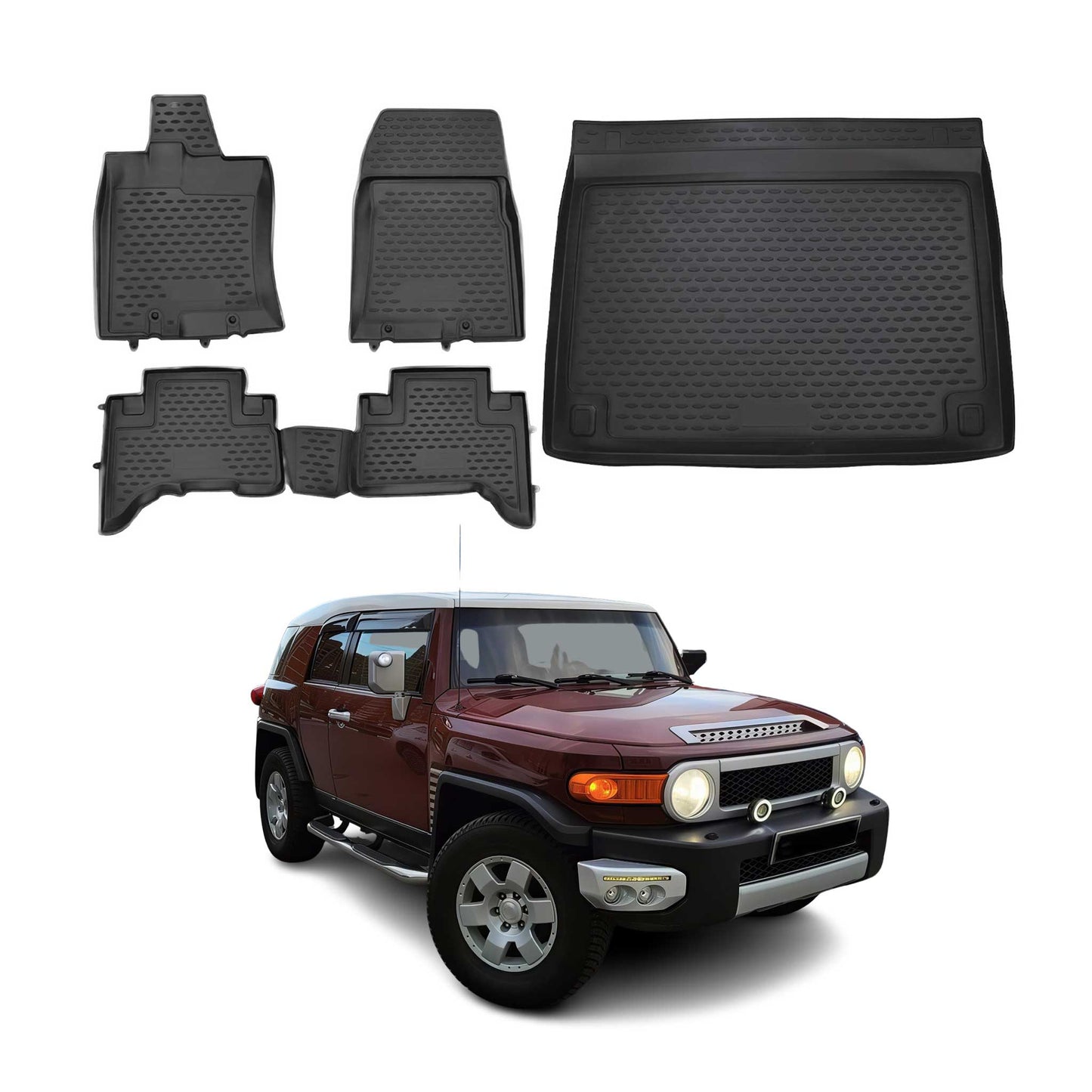 OMAC USA Floor Mats & Cargo Liner Set – Fits 2007-2014 Toyota FJ Cruiser – Custom Fit All Weather Black TPE Rubber (5 Pcs)