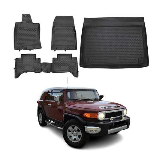 OMAC USA Floor Mats & Cargo Liner Set – Fits 2007-2014 Toyota FJ Cruiser – Custom Fit All Weather Black TPE Rubber (5 Pcs)