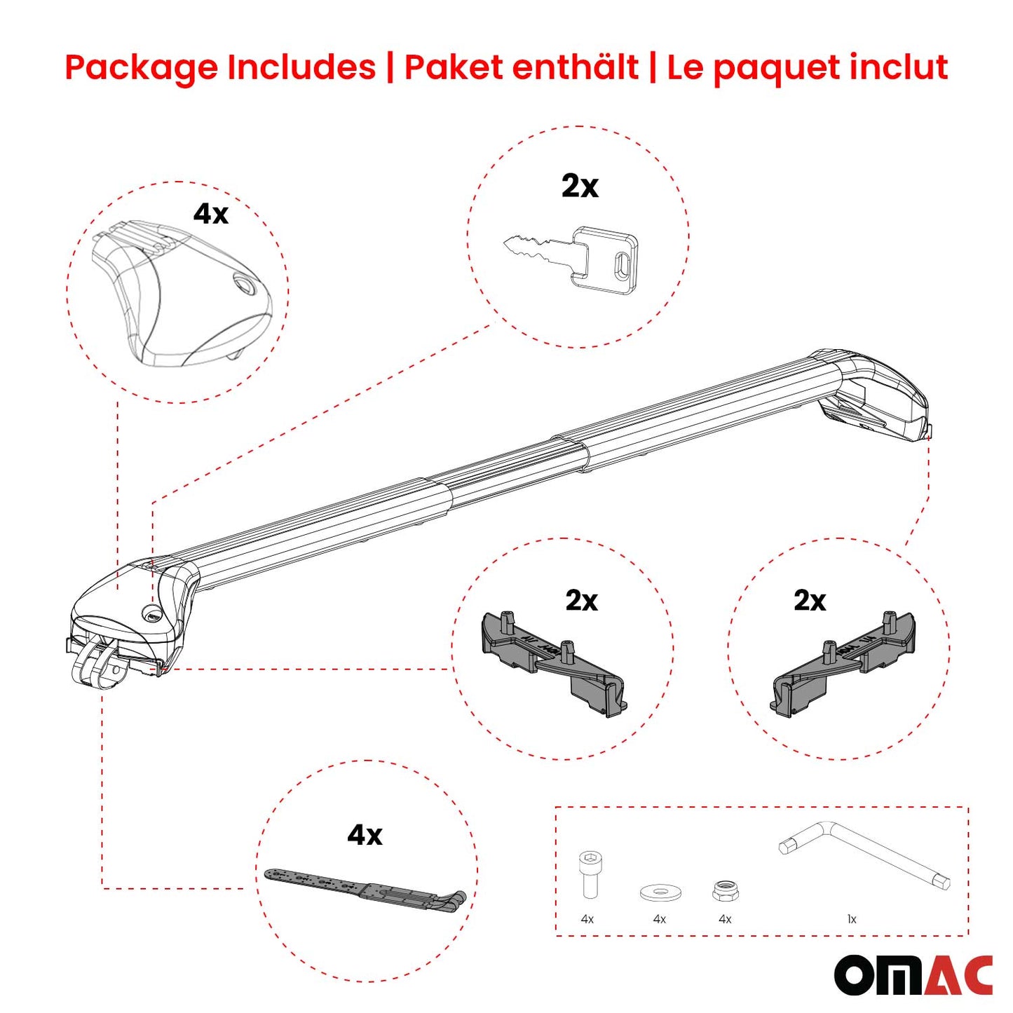 OMAC USA Adjustable Roof Rack Cross Bars 39"-51" for Raised Roof Rails – Aluminium Silver (2 Pcs)