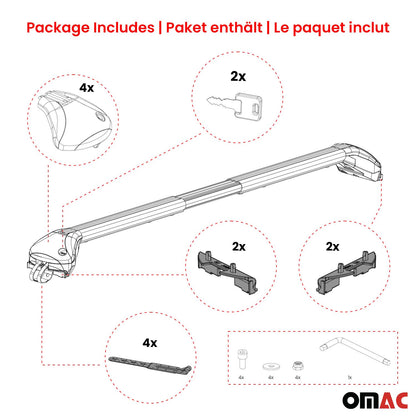 OMAC USA Adjustable Roof Rack Cross Bars 39"-51" for Raised Roof Rails – Aluminium Silver (2 Pcs)