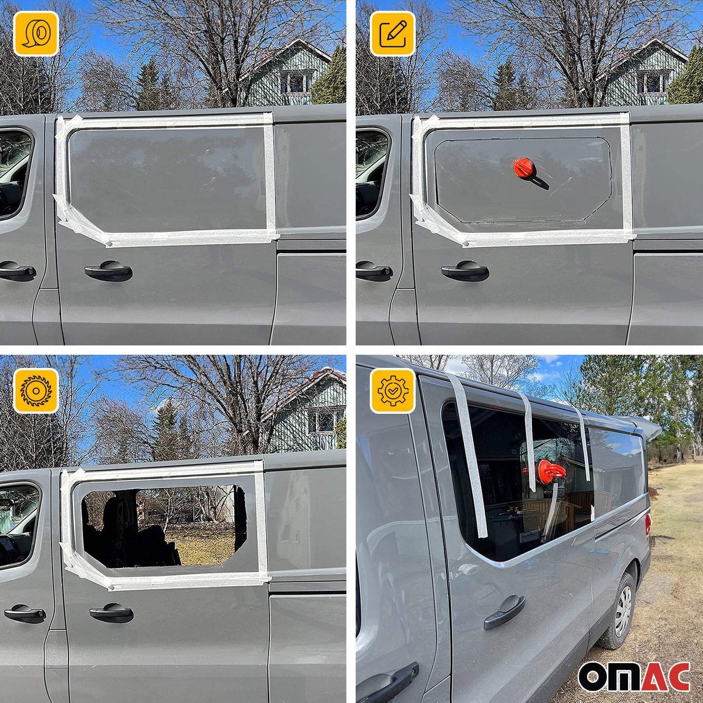 OMAC USA Sliding Window Glass Front Right Side for Vans – Fits 2015–2025 Ford Transit L2 L3 L4 (Tempered, Black, 1Pc)
