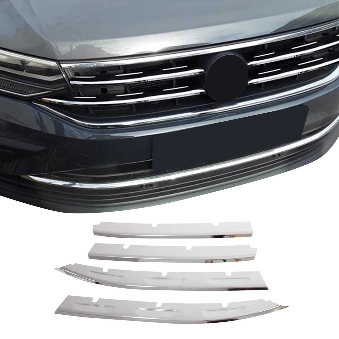 OMAC USA Front Bumper Grill Trim Molding for SUVs – Fits 2022–2024 Volkswagen Tiguan - 4Pcs (Stainless Steel, Chrome)