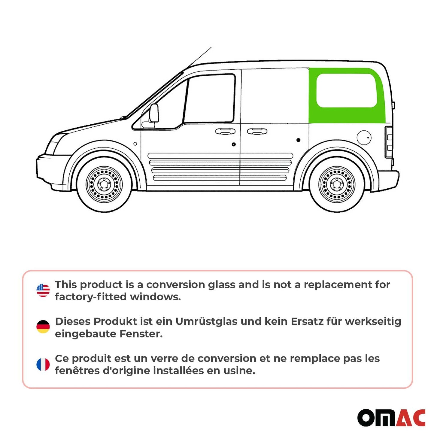 OMAC USA Rear Left Sliding Door Window Glass for Cargo Van – Fits 2010–2013 Ford Transit Connect L1/L2 – Black Tempered Replacement Auto Glass (1 Pc)