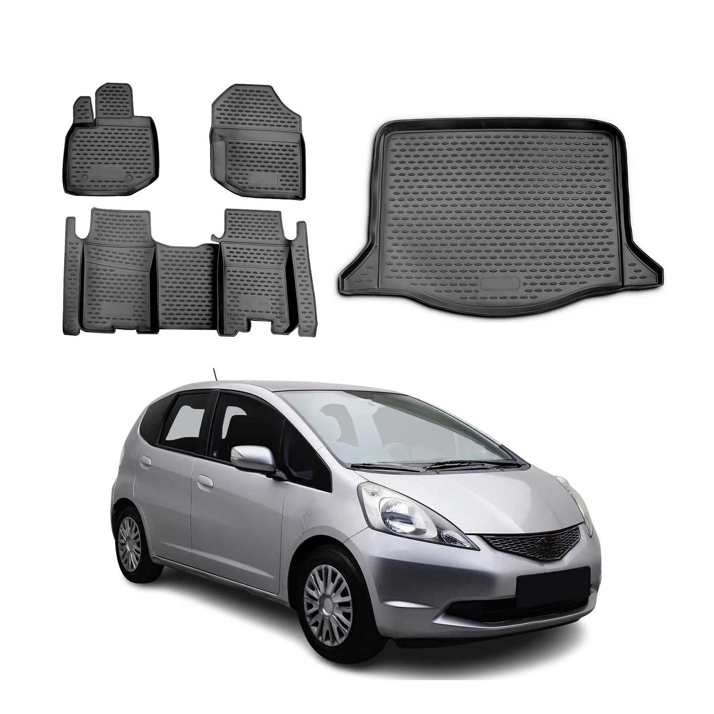 OMAC USA Floor Mats & Cargo Liner Set for Car – Fits 2009-2013 Honda Fit – Custom Fit All Weather TPE Rubber, Black (5 Pcs)