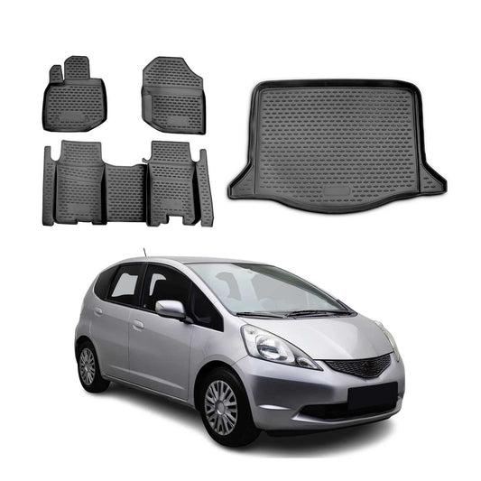 OMAC USA Floor Mats & Cargo Liner Set for Car – Fits 2009-2013 Honda Fit – Custom Fit All Weather TPE Rubber, Black (5 Pcs)