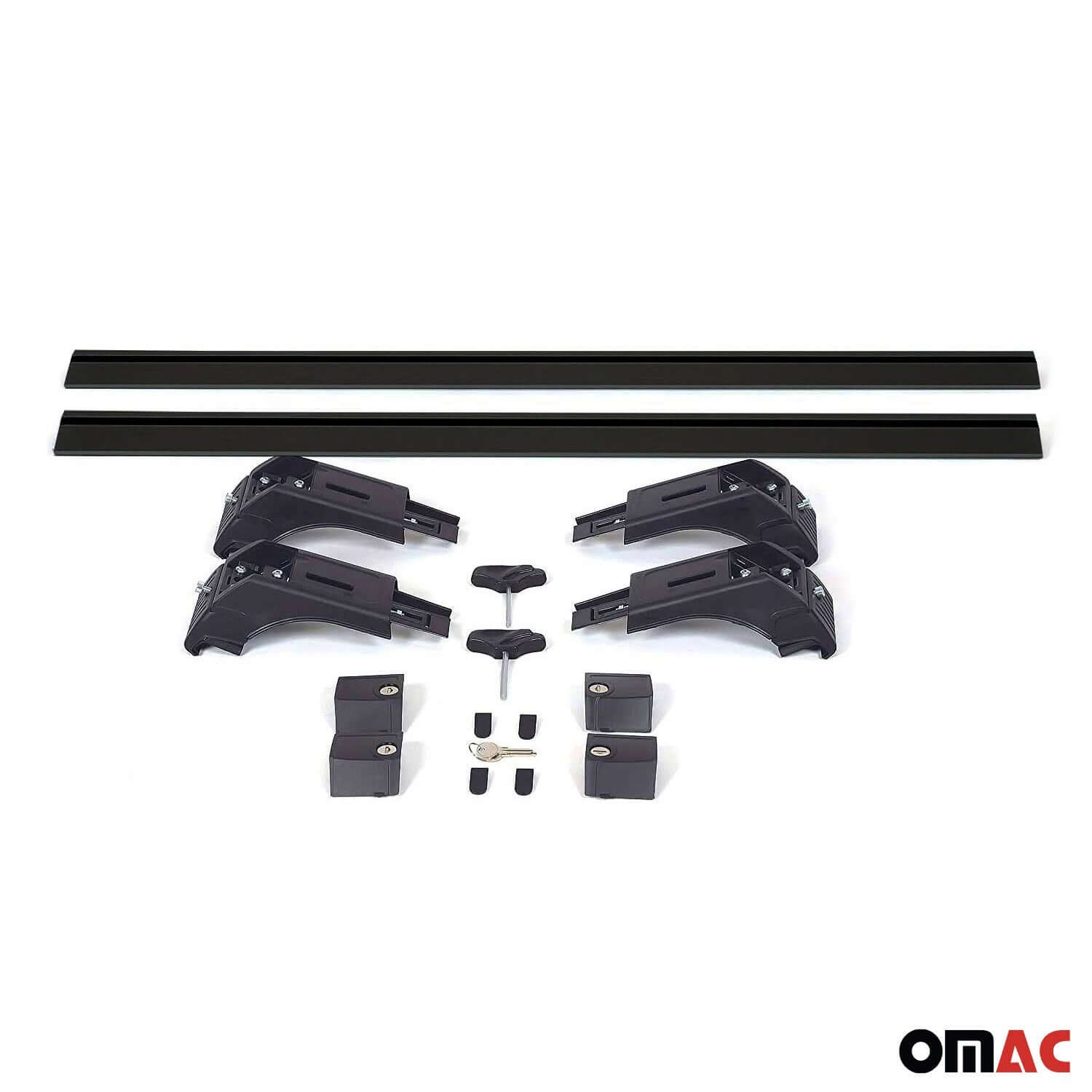 OMAC USA roof rack cross bars for Mitsubishi Outlander Sport, includes 2 aluminium bars and mounting hardware.
