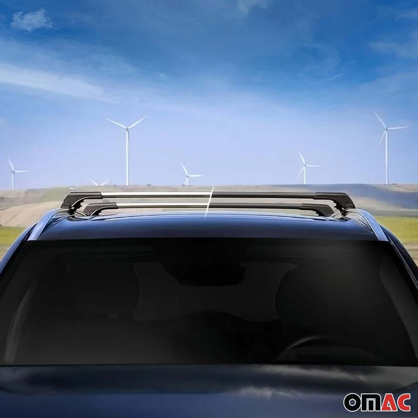OMAC USA roof rack cross bars for Mitsubishi Outlander Sport, showcasing durable aluminum design against a scenic backdrop.
