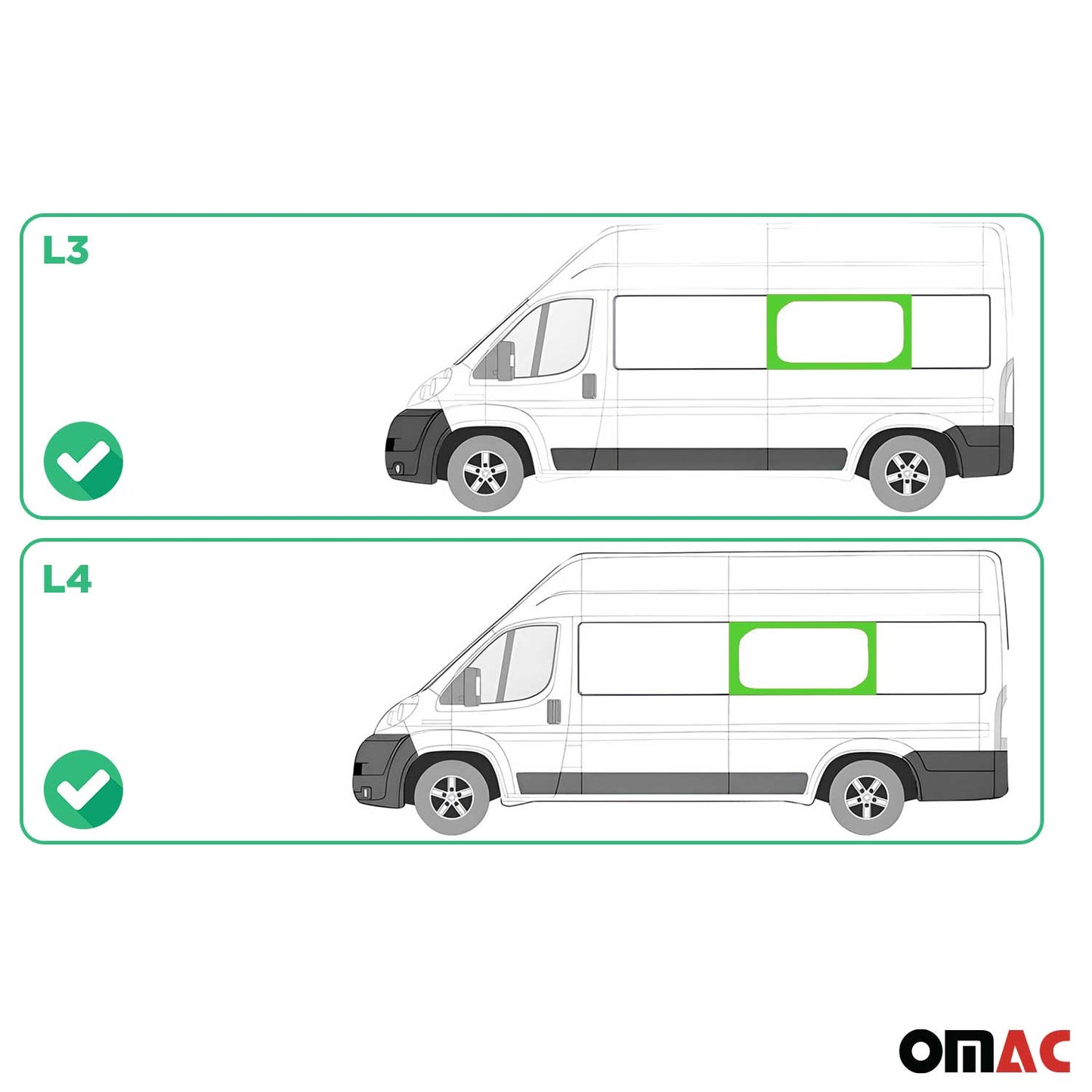 OMAC USA Mid Left Side Window Glass for Cargo Van – Fits 2014–2024 RAM ProMaster L3/L4 – Black Tempered Replacement Auto Glass (1 Pc)