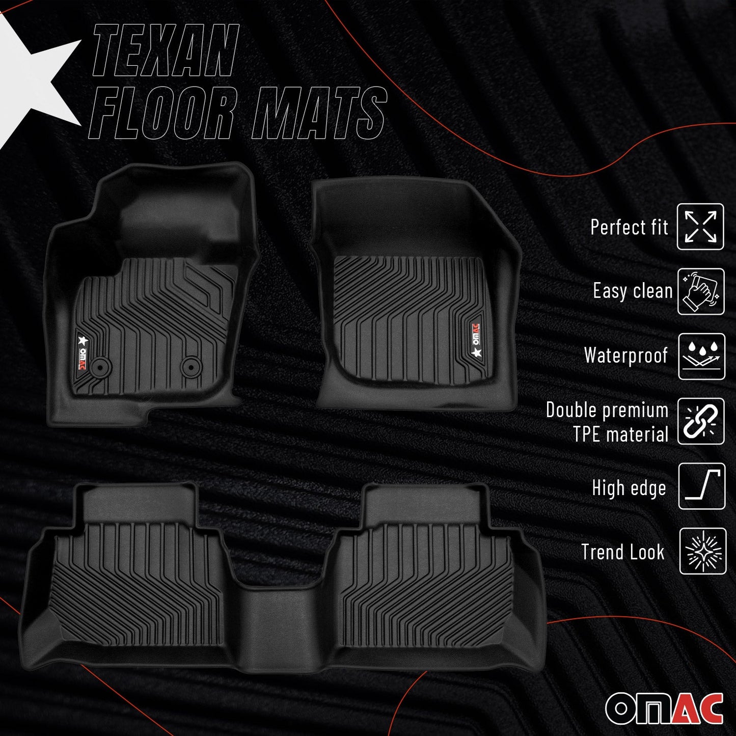 OMAC USA Premium Floor Mats for Sedan – First & Second Row – fits with 2013–2020 Ford Fusion – Black (4 Pcs)