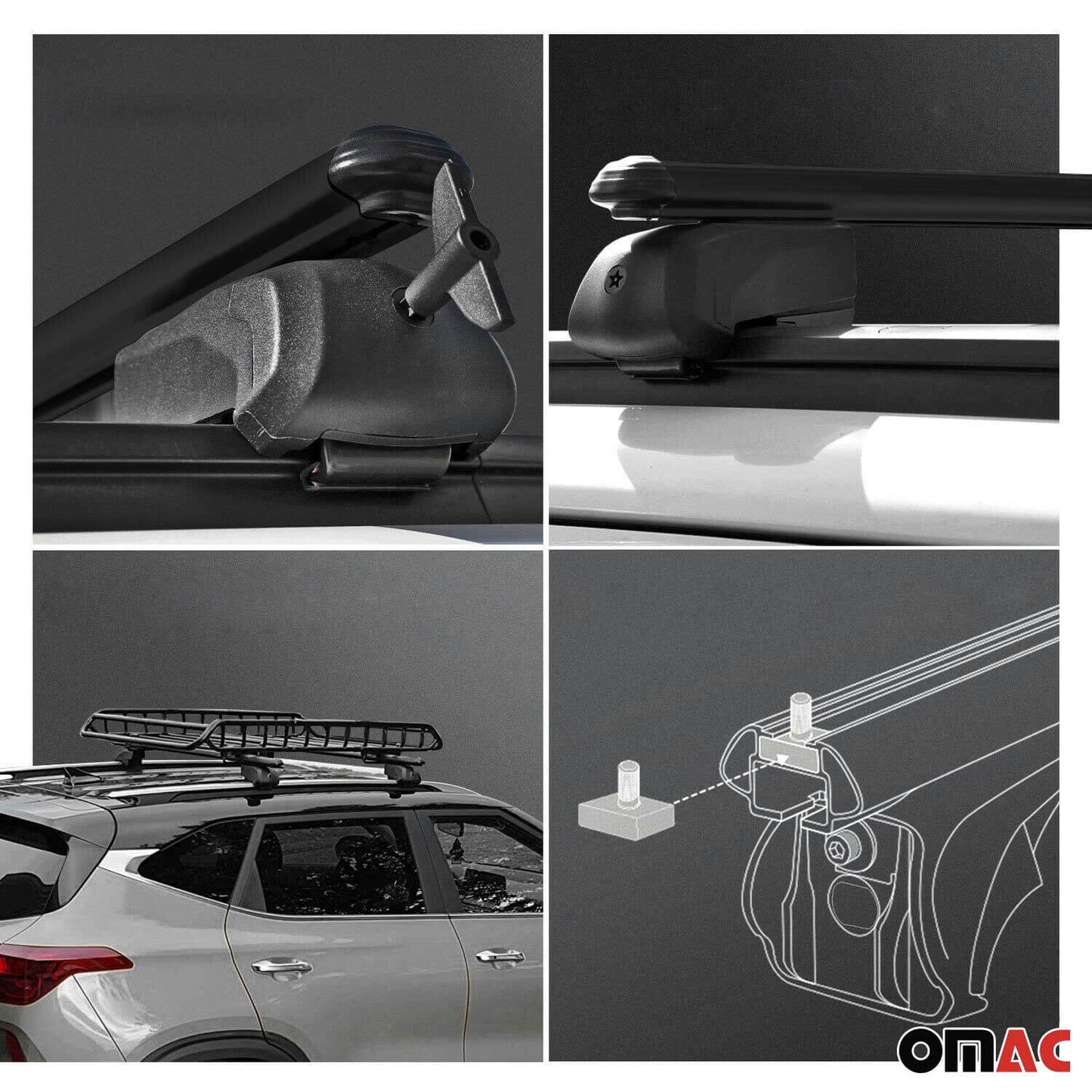 OMAC USA roof rack cross bars for GMC Yukon, showcasing adjustable fittings and design details for secure storage.