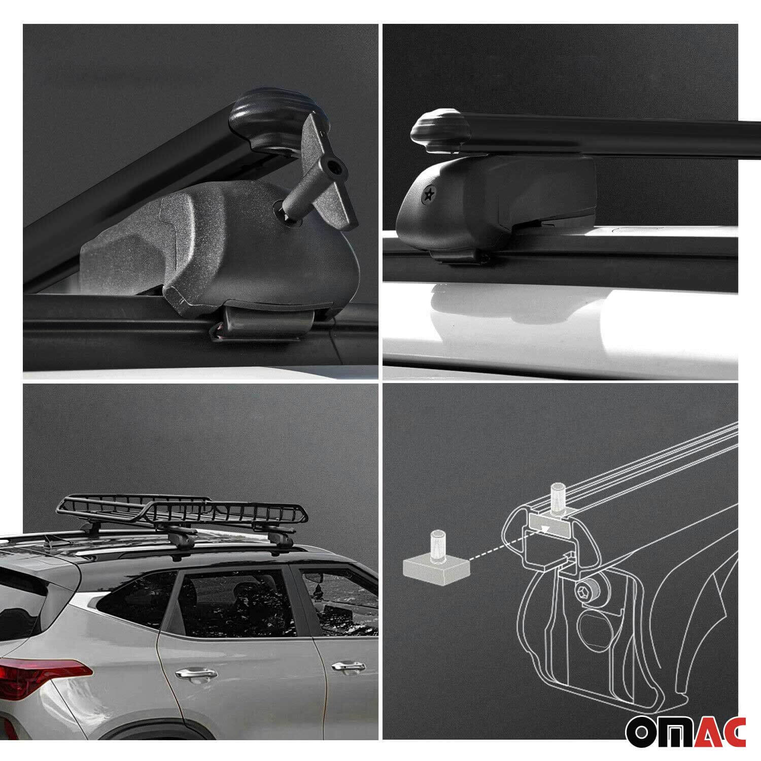 OMAC USA roof rack cross bars for GMC Yukon, showcasing adjustable fittings and design details for secure storage.