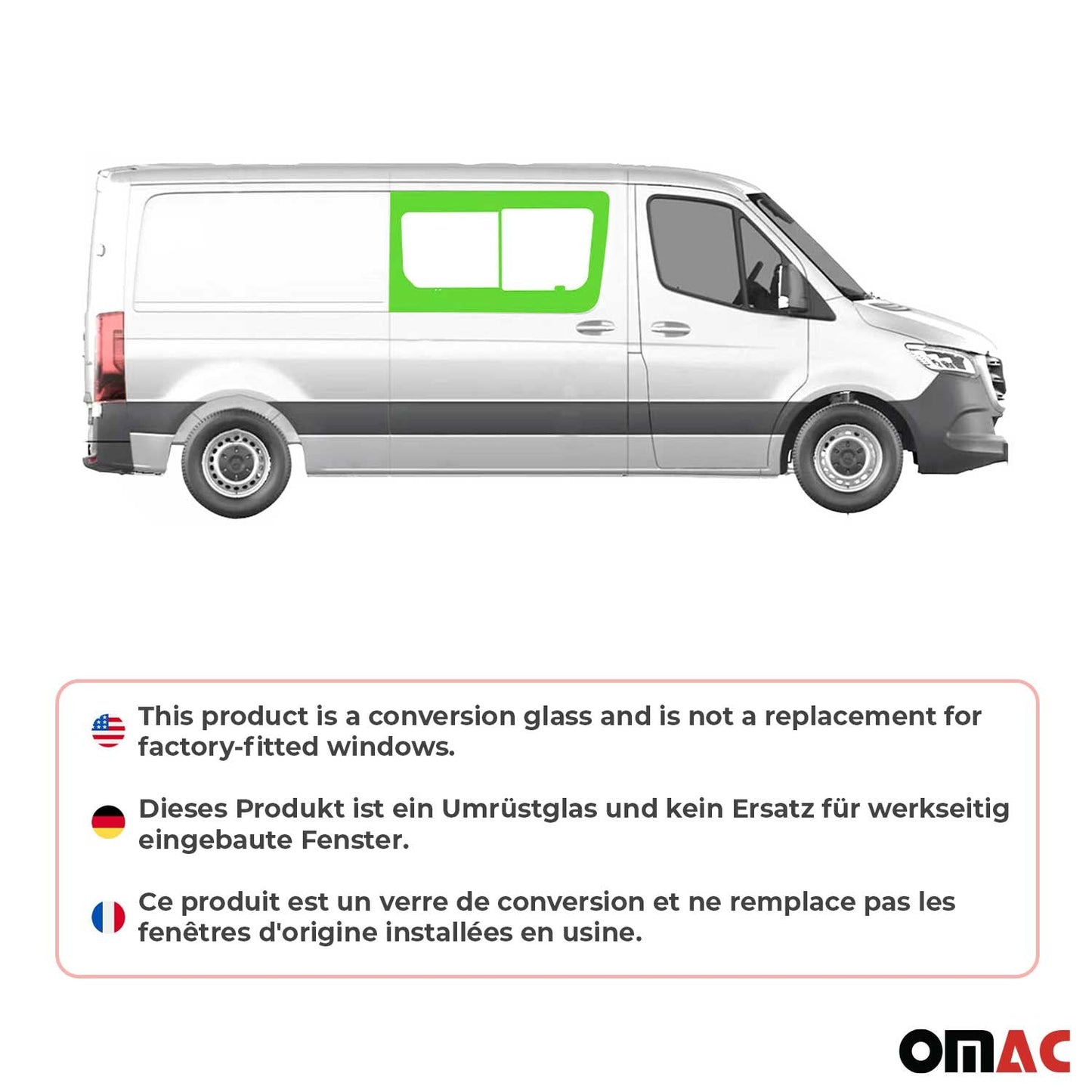 OMAC USA Right Sliding Door Window Glass for Vans – Fits 2010–2018 Mercedes Sprinter W906 L2/L3/L4 (Tempered, Black, 1Pc)