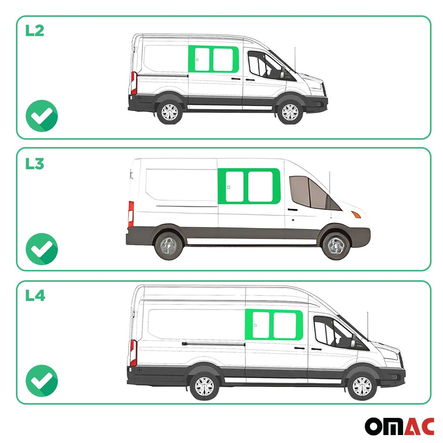 OMAC USA Sliding Window Glass Front Right Side for Vans – Fits 2015–2025 Ford Transit L2 L3 L4 (Tempered, Black, 1Pc)