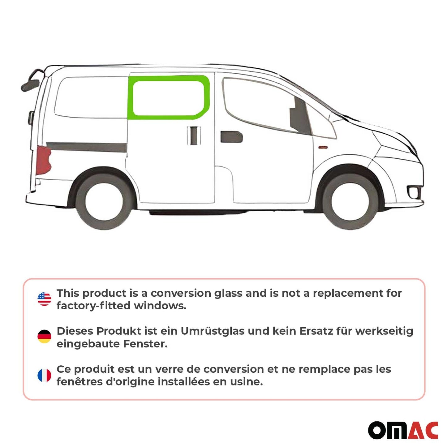 OMAC USA Window Glass Fit Kit for Vans – Fits 2013–2021 Nissan NV200 L1 Short (Front Right Sliding Door, 4Pcs)