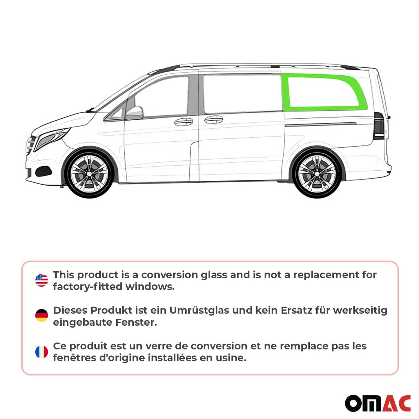OMAC USA Left Side Rear Window Glass for Cargo Van – Fits 2016–2024 Mercedes Metris L3 Long Wheelbase – Black Tempered Replacement Auto Glass (1 Pc)