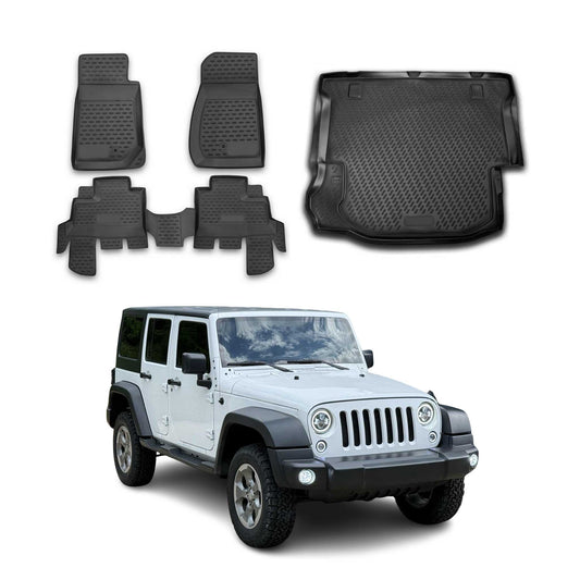 OMAC USA Floor Mats & Cargo Liner Set for SUV – Fits 2007-2013 Jeep Wrangler 4-Door – Custom Fit All Weather TPE Rubber, Black (5 Pcs)