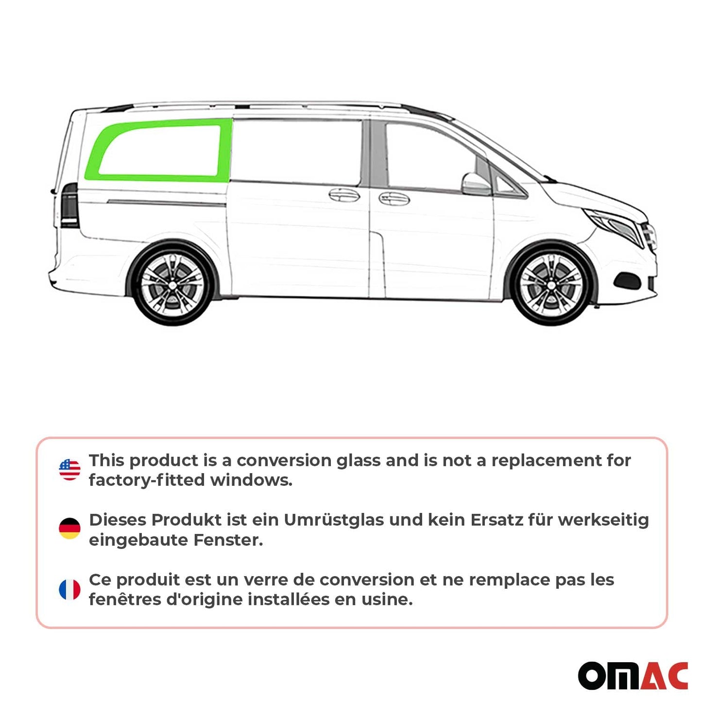 OMAC USA Right Side Rear Window Glass for Cargo Van – Fits 2016–2024 Mercedes Metris L3 Long Wheelbase – Black Tempered Replacement Auto Glass (1 Pc)