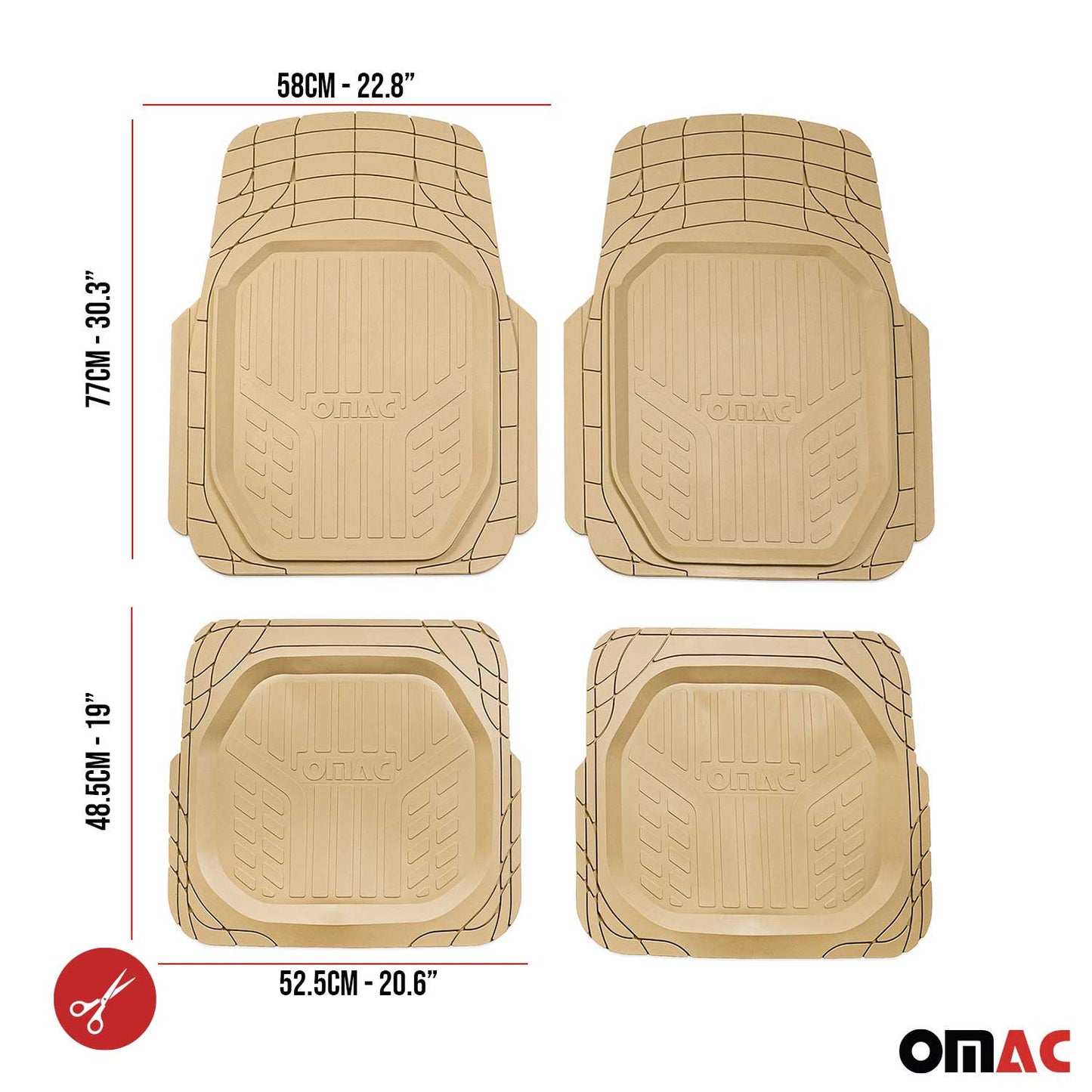 OMAC USA Heavy Duty Trim to Fit Floor Mats Liner Waterproof 3D All-Weather for Car/SUV – Tan (4 Pcs)
