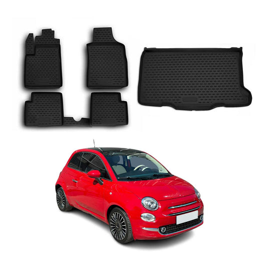 OMAC USA Floor Mats & Cargo Liner Set – Fits 2012–2016 Fiat 500 – Custom Fit All Weather Rubber TPE Black (5 Pcs)