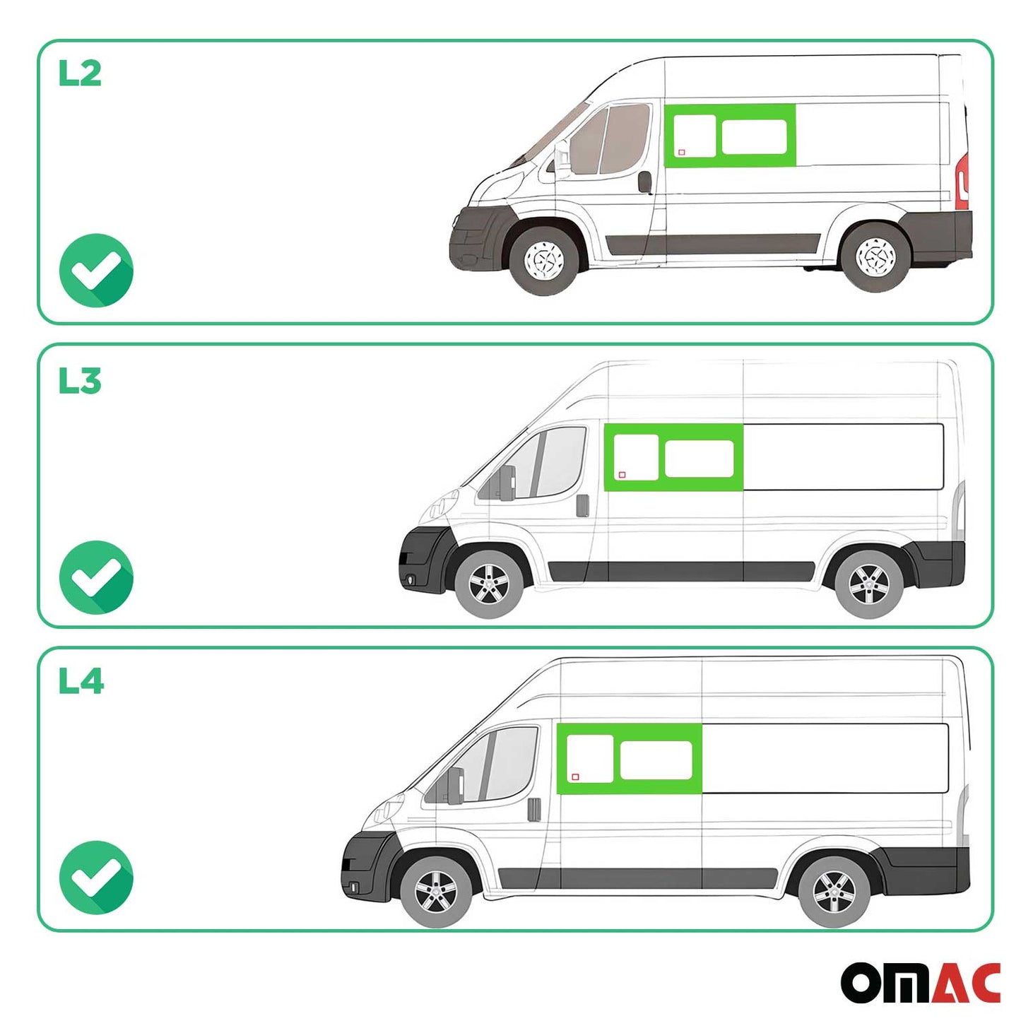 OMAC USA Sliding Window Glass Front Left Side – Fits 2014–2024 RAM ProMaster L2/L3/L4 – Black Tempered Auto Glass Replacement (1 Pc)