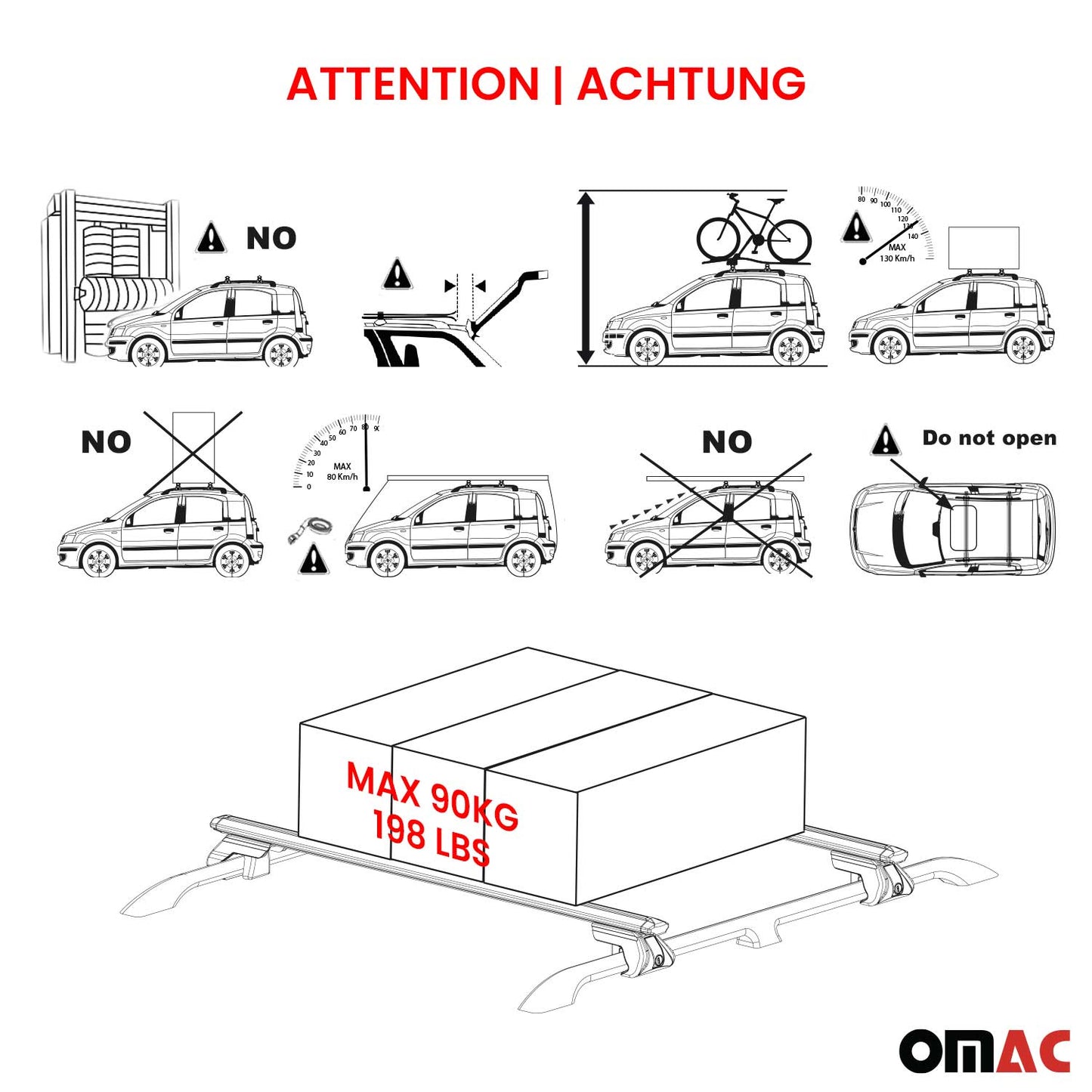 OMAC USA Roof Rack Cross Bars 47" Luggage Carrier for Raised Roof Rails – Aluminium Black (2 Pcs)
