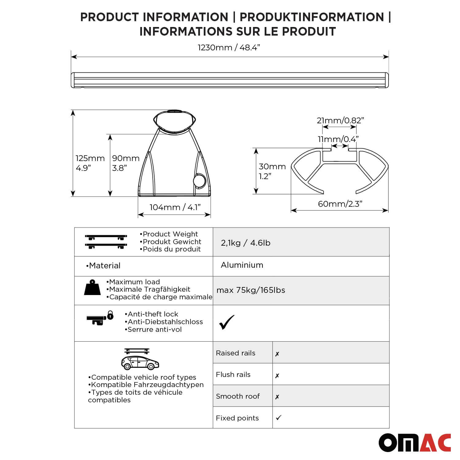 OMAC USA Roof Rack Cross Bars product information diagram for 2004-2009 Mercedes E-Class roof rack cross bars.