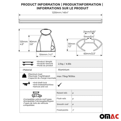 OMAC USA Roof Rack Cross Bars product information diagram for 2004-2009 Mercedes E-Class roof rack cross bars.