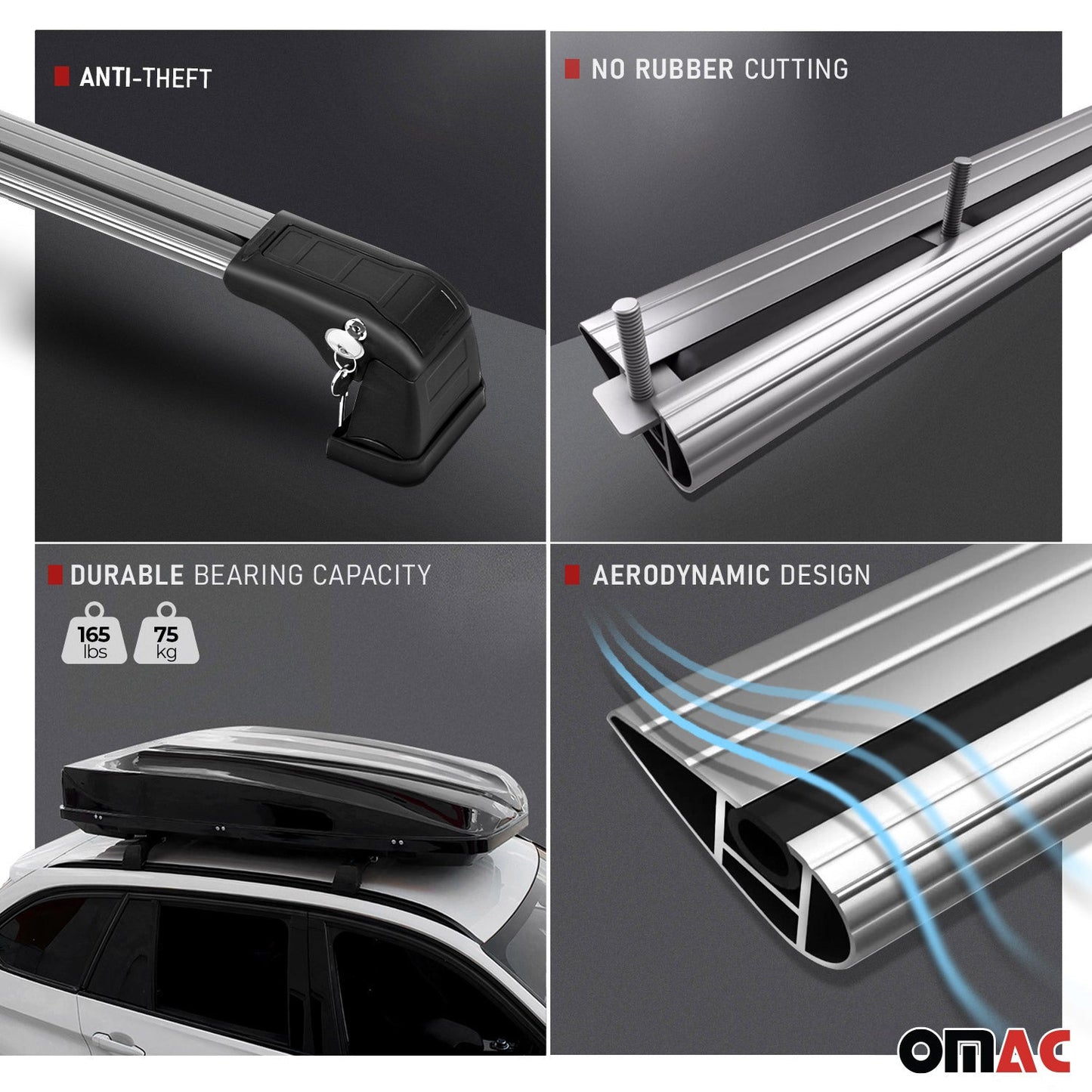 OMAC USA Roof Rack Cross Bars Luggage Carrier for Car – Fits with 2014-2019 Kia Soul (Excludes Panoramic Roof) – Aluminium Black (2 Pcs)