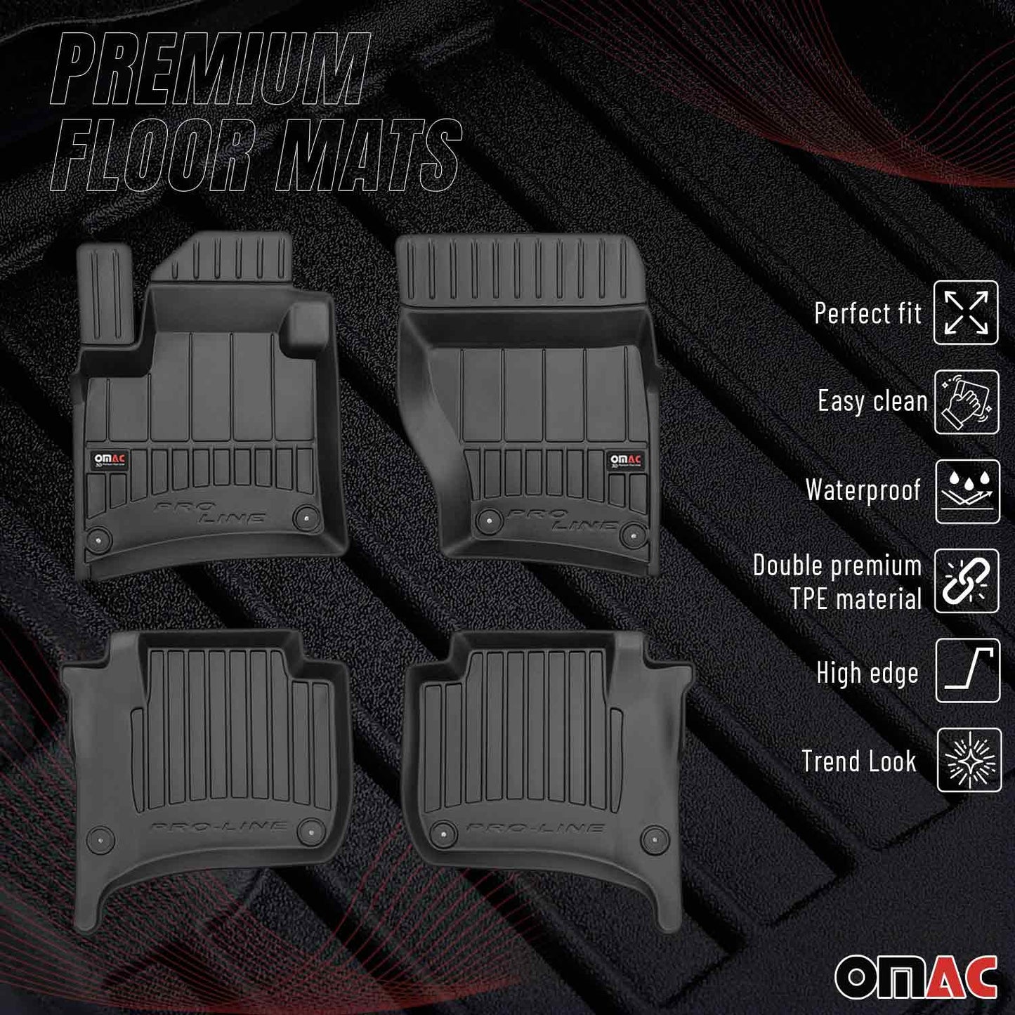 OMAC USA Premium Floor Mats Liners for Cars – Fits 2010-2017 Volkswagen VW Touareg (Black, 4 Pcs)