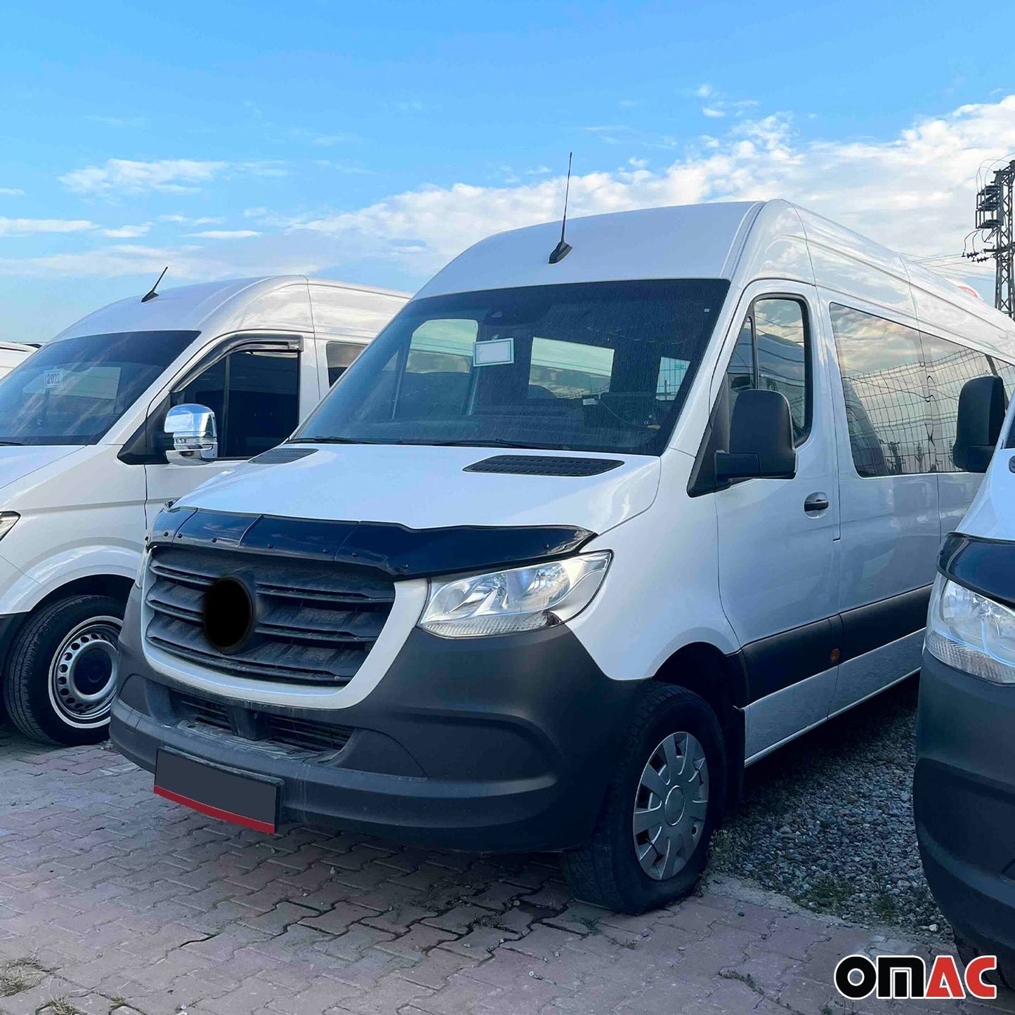 OMAC USA Front Bug Shield Hood Deflector for Van – Fits 2019-2025 Mercedes Sprinter W907/W910 – Black Acrylic (3 Pcs)