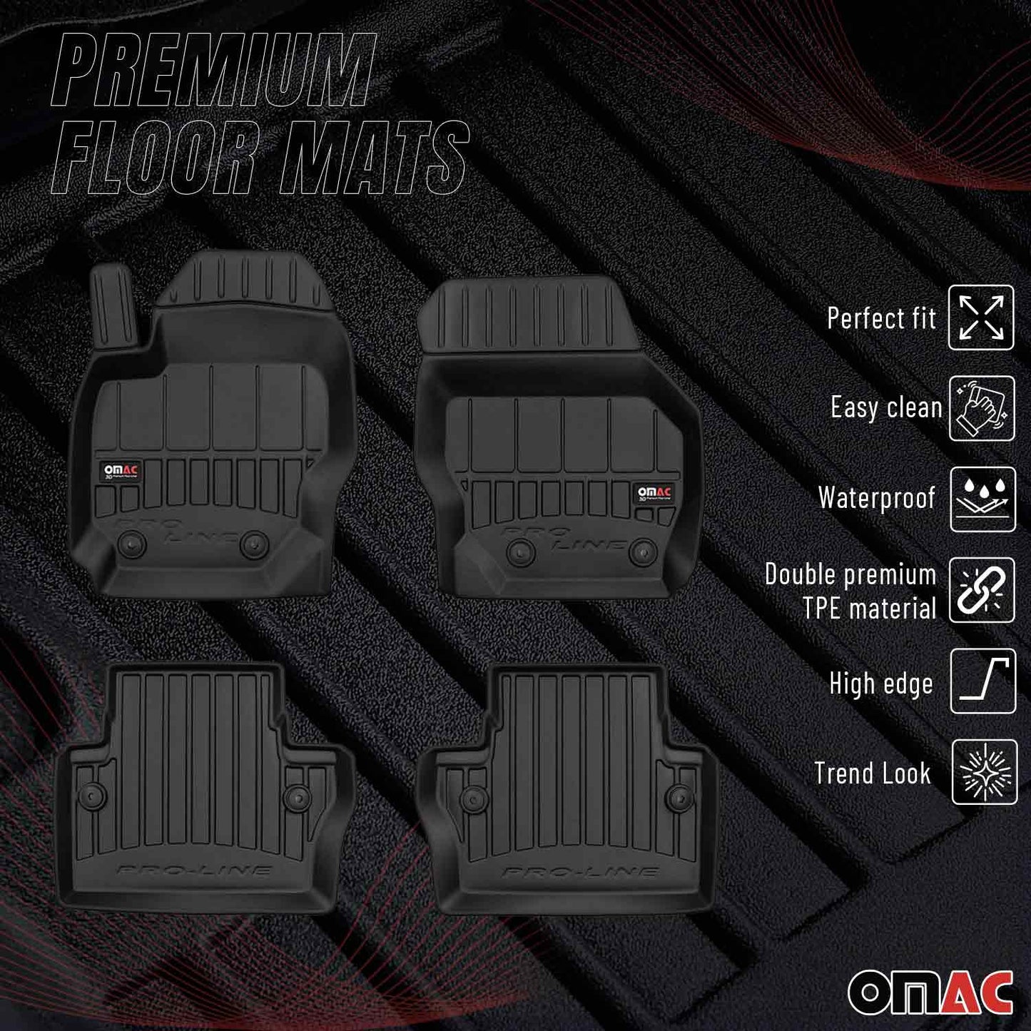 OMAC USA Premium Floor Mats Liners for Cars – Fits 2007-2016 Volvo S80, V70, XC70 (Black, 4 Pcs)