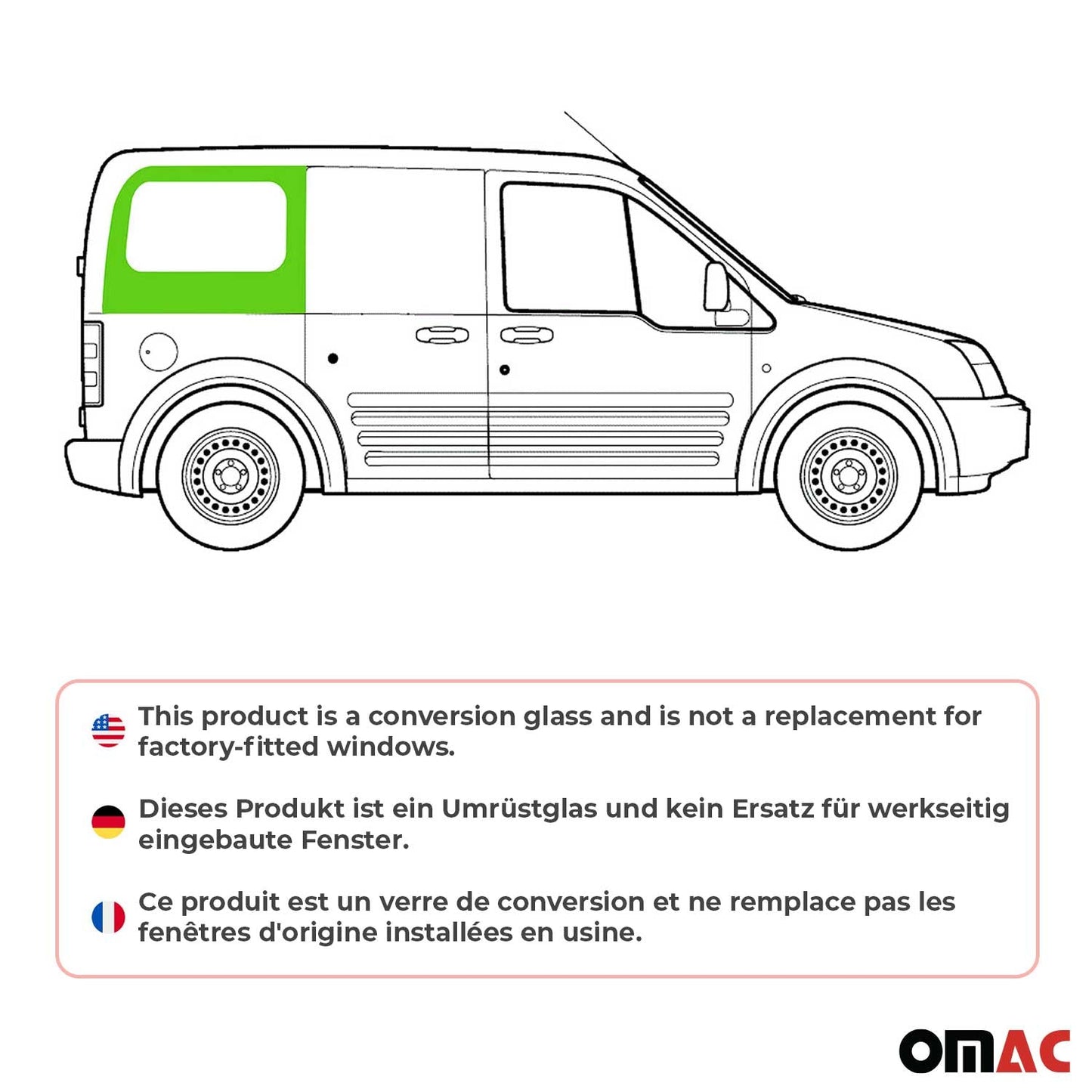 OMAC USA Right Sliding Door Window Glass – Fits 2010–2013 Ford Transit Connect L1/L2 – Black Tempered Auto Glass Replacement (1 Pc)