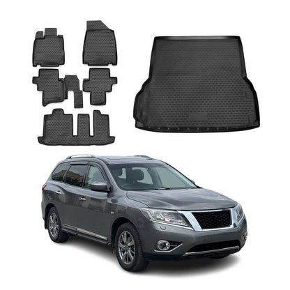 OMAC USA Floor Mats & Cargo Liner Set for SUV – Fits 2013-2020 Nissan Pathfinder – All Weather TPE Rubber, Black (6 Pcs)