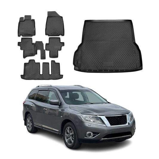 OMAC USA Floor Mats & Cargo Liner Set for SUV – Fits 2013-2020 Nissan Pathfinder – All Weather TPE Rubber, Black (6 Pcs)